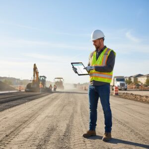 civil engineer man holding iPad on construction site
