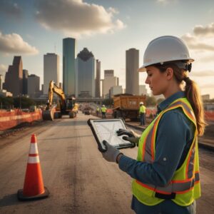 female civil engineer holding iPad in front of Houston skyline