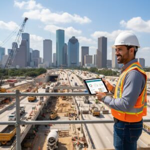 Happy male civil engineer holding iPad overlooking Houston skyline
