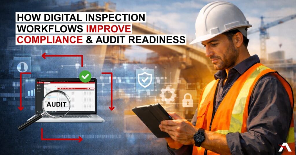 Male civil engineer holding iPad with roadway construction behind and laptop next to man