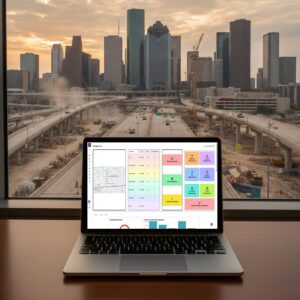 Laptop on desk in front of Houston skyline
