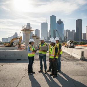 group of civil engineers talking on roadway construction site in Houston