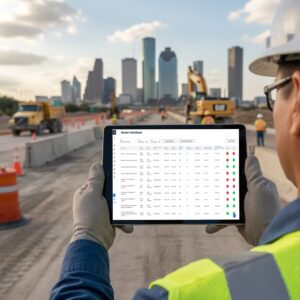 Male civil engineer holding iPad on construction site in Houston