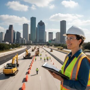 female civil engineer holding iPad while smiling at road construction in Houston