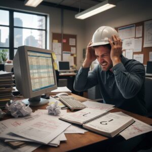 civil engineer man being frustrated by old computer and paper processes