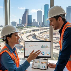 female civil engineer and male worker talking in front of computer and ipad with dashboards in office with Houston skyline under construction in the background