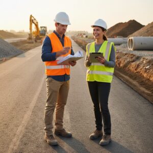 male civil engineer holding clipboard and female civil engineer holding ipad while on construction site
