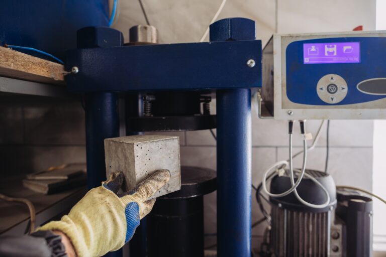 technician testing concrete in construction materials testing lab