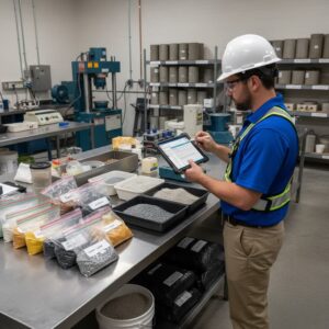 male technician using iPad in a construction materials testing lab