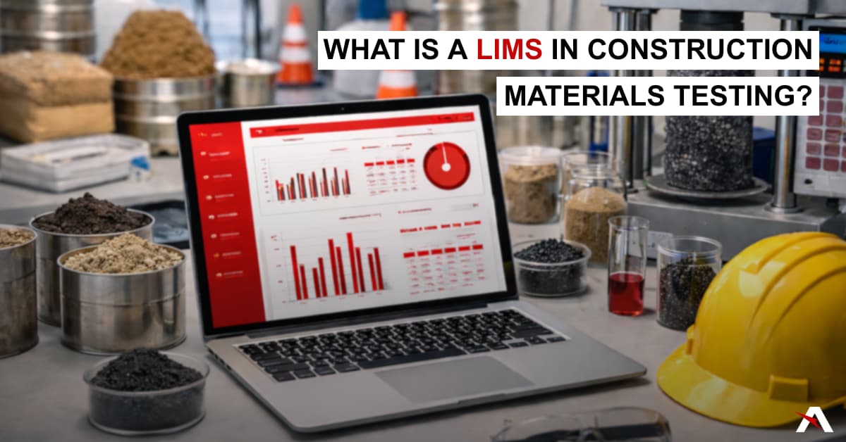 laptop with dashboard in a construction materials testing lab