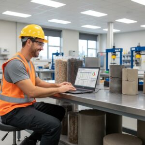 male technician smiling while using laptop in construction materials testing lab