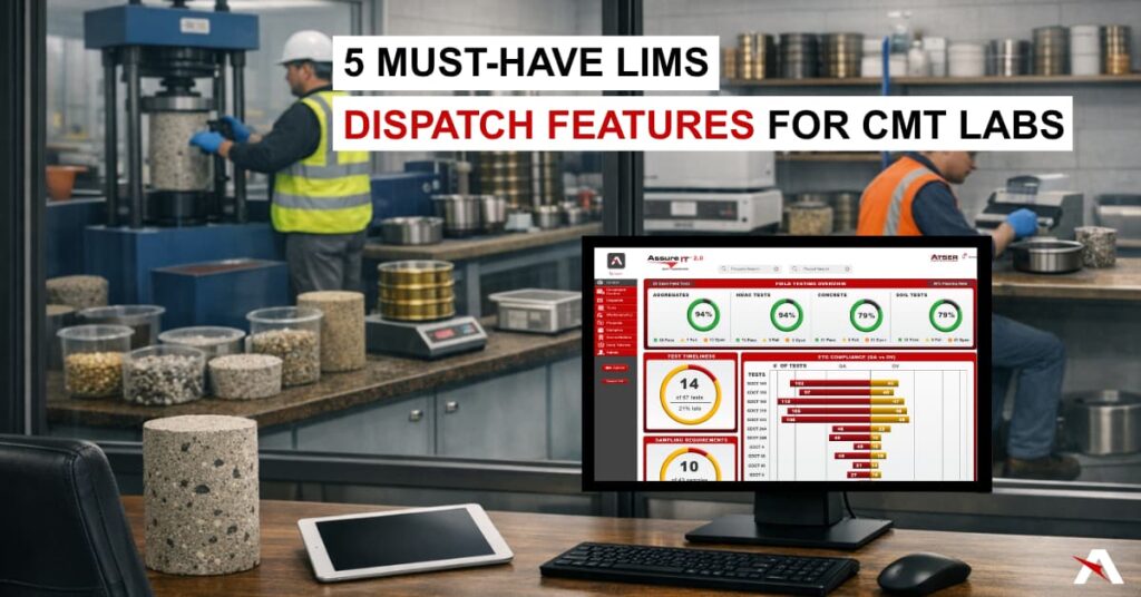 technicians working in construction materials testing lab with desktop and iPad on desk