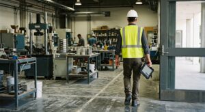 construction inspector man holding iPad walking out of a construction materials testing lab