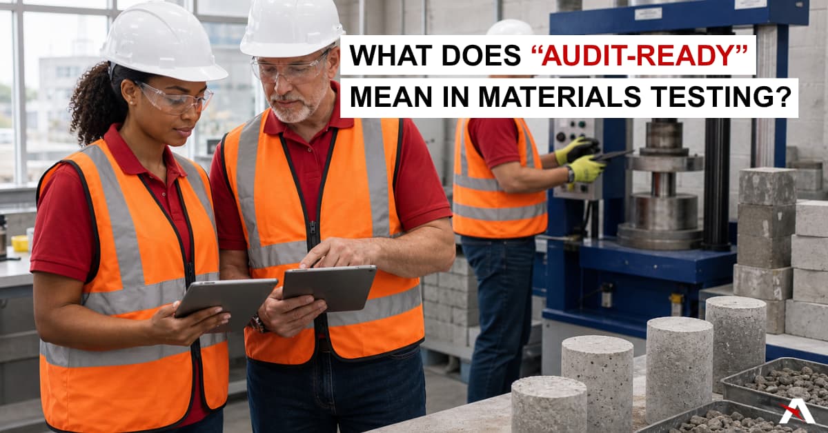 female construction technician talking with inspector in a construction materials testing lab