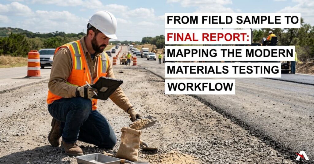 construction technician collecting construction materials sample on side of asphalt road being paved