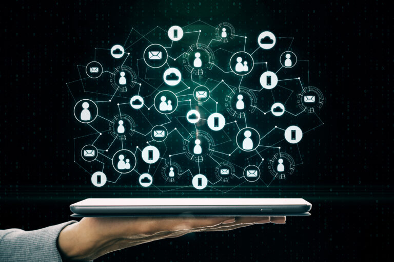 digital connected web of users in the cloud above a hand holding tablet
